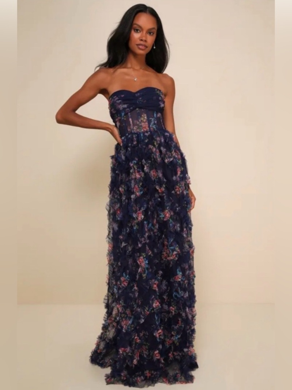 Lulus Navy Floral Mesh Ruffled Strapless Stunning Element Maxi Dress Size XXS